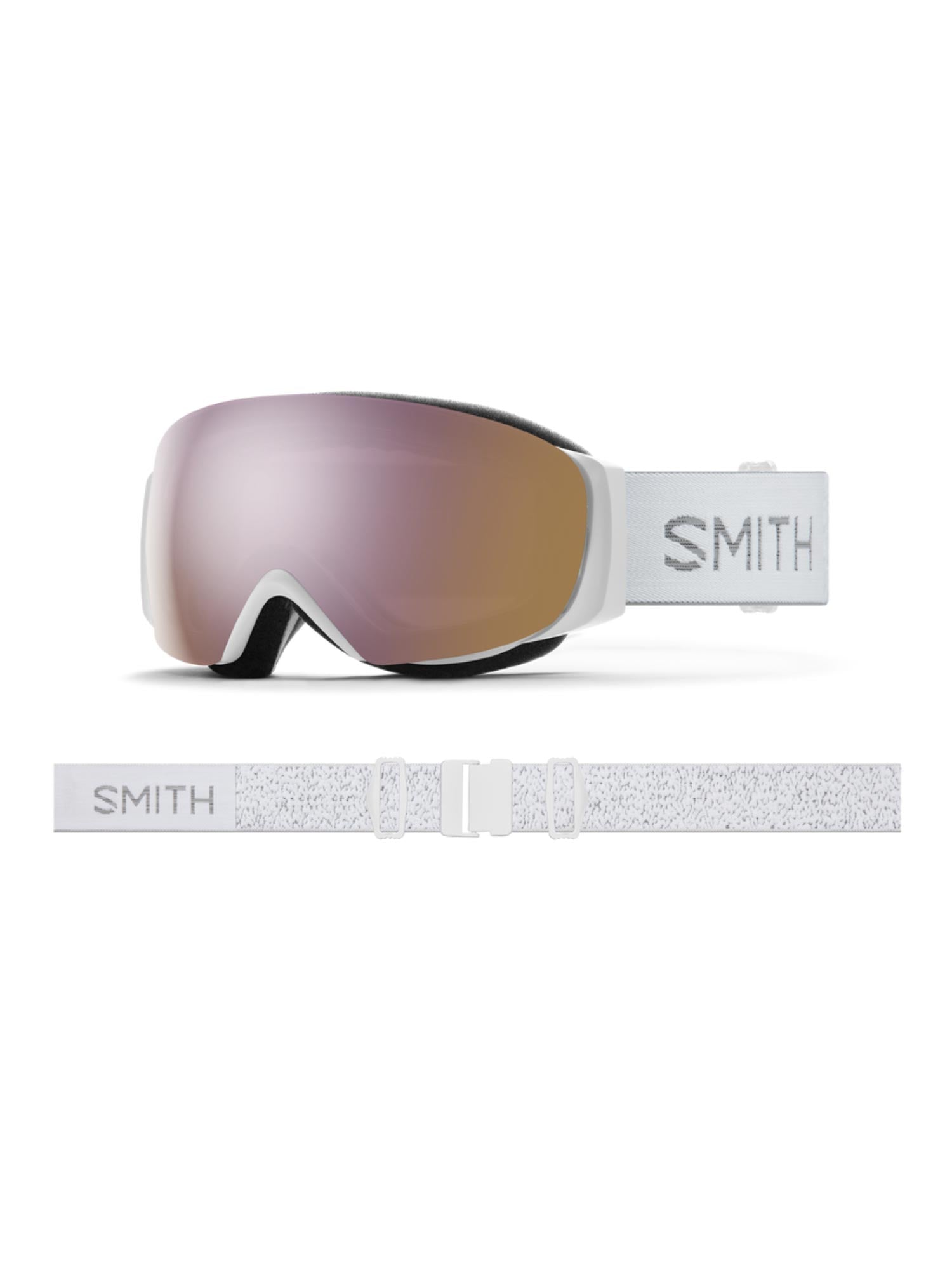 Smith ski goggles, white strap and rose gold lens
